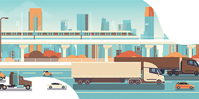 Illustration of a highway system with a tram overhead and a skyline in the background