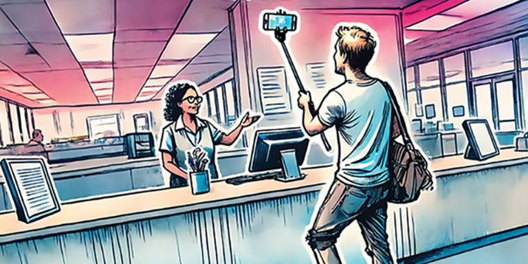 A cartoon featuring someone record themselves at a DMV counter