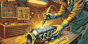 Illustration of sparks flying as someone etches a catalytic converter