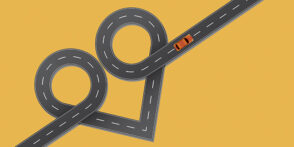 Cartoon of a car driving through a road that loops around itself