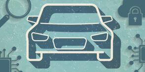 Illustration of the front of a car with various security and tech imagery