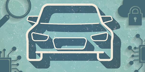 Illustration of the front of a car with various security and tech imagery