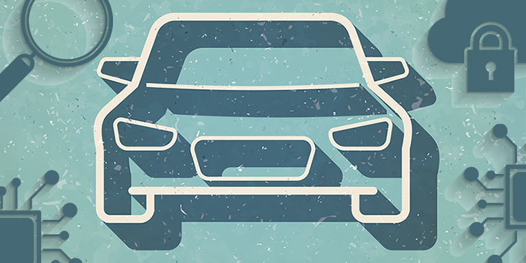 Illustration of the front of a car with various security and tech imagery