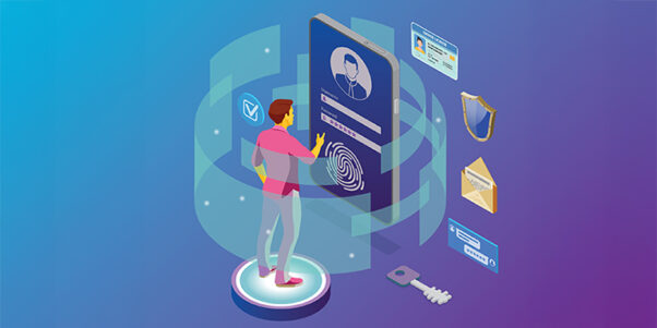 Illustration of a man accessing a secure app's log-in screen