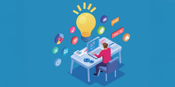 Conceptual image of a person working at a desk surrounded by cartoon applications