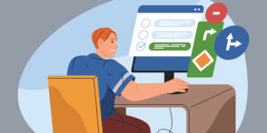 Icon of a man seated at a desk using an online driving platform.