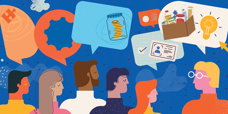 Illustrated collage representing how people are giving back to their community