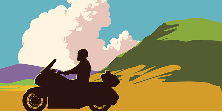 Illustration of a motorcycle riding through the mountains