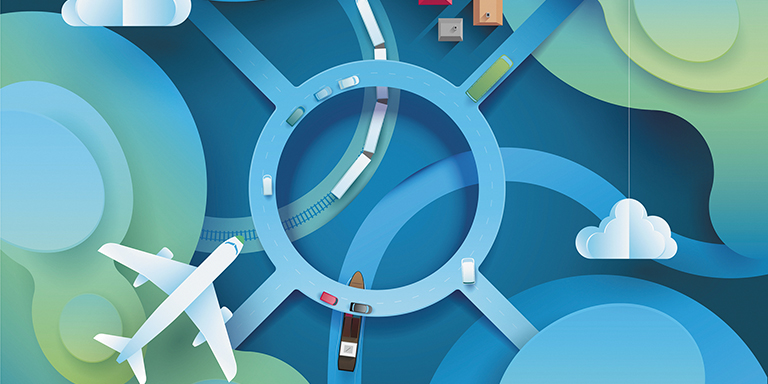 Roundabout, railway line, river, plane from above - bird's eye view