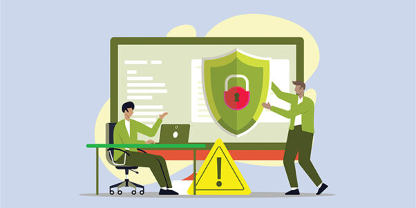 Flat illustration of two men shielding computer from data breach