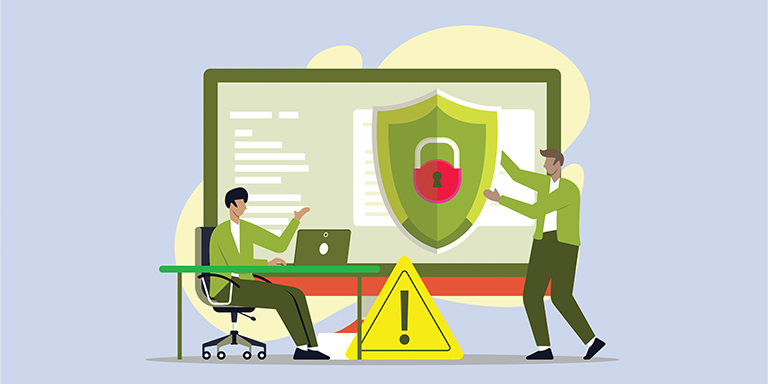 Flat illustration of two men shielding computer from data breach