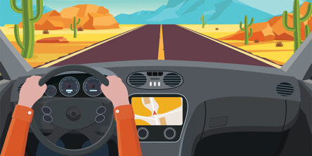 Drawing of a person behind the wheel on an open road