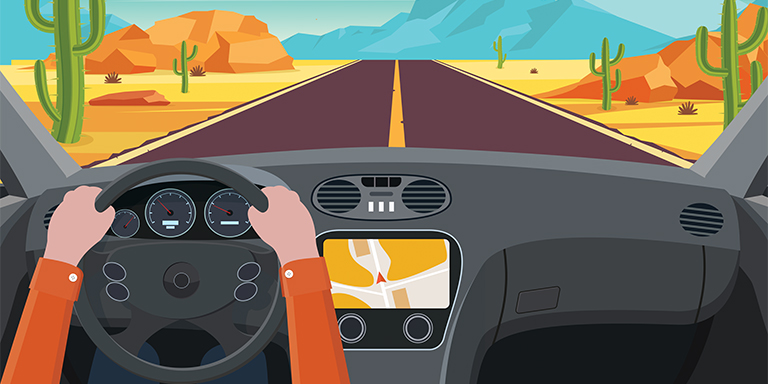 Drawing of a person behind the wheel on an open road