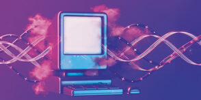 Retro AI Computer with Cloud on Neon Lighting Purple Background