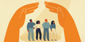 conceptual image of oversized pair of hands sheltering four people