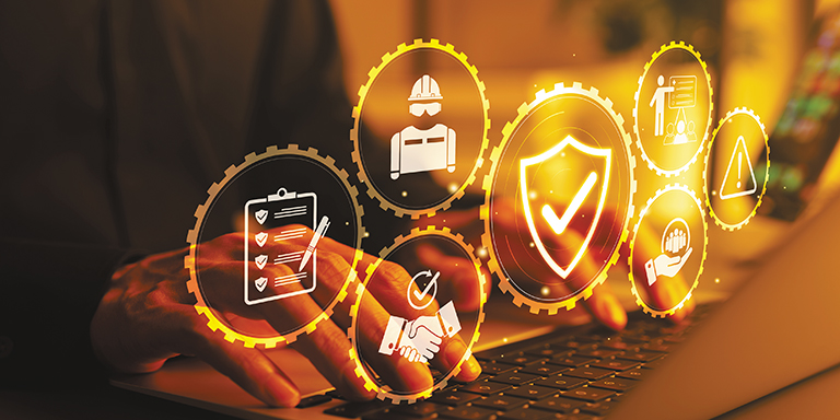 Concept of hands typing on a laptop with of icons work safety, compliance, security