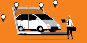 E-titling concept of a car coming through a computer