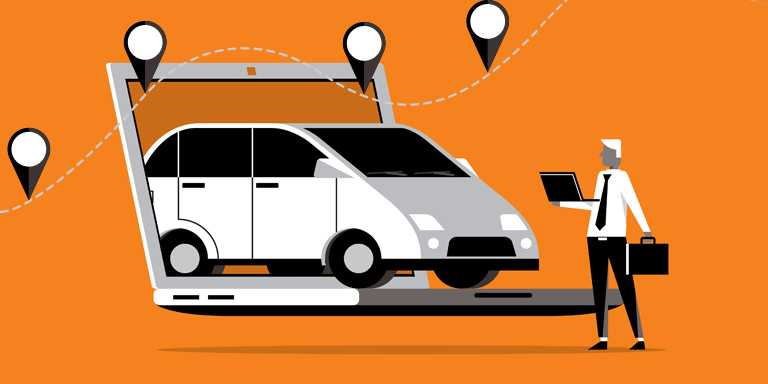 E-titling concept of a car coming through a computer