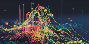 Abstract data visualization with flowing curves, spheres, and layered charts.