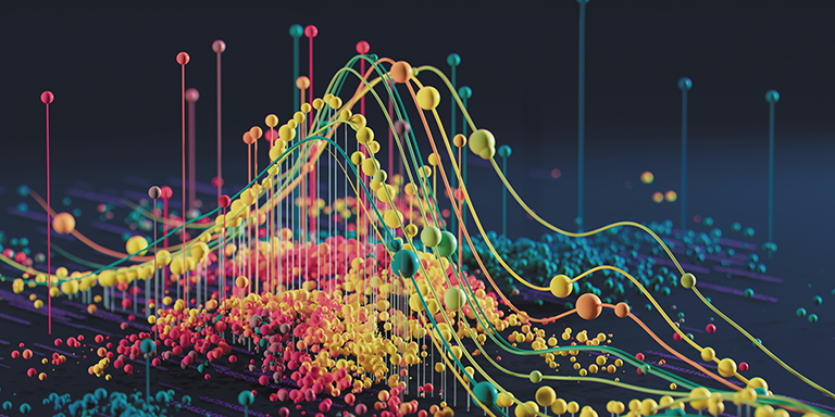 Abstract data visualization with flowing curves, spheres, and layered charts.