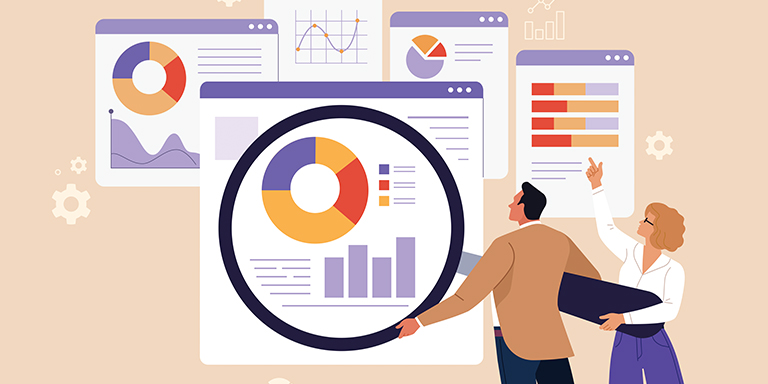 Illustration of workers looking at various charts