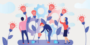 Conceptual image of people holding lightbulbs that are growing like plants