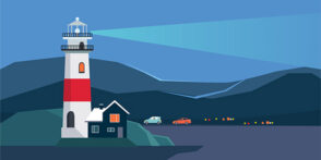 Illustration of a lighthouse with a car driving on the highway