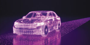 Neon purple digital render of a modern car