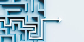 Concept of white arrow navigating blue maze
